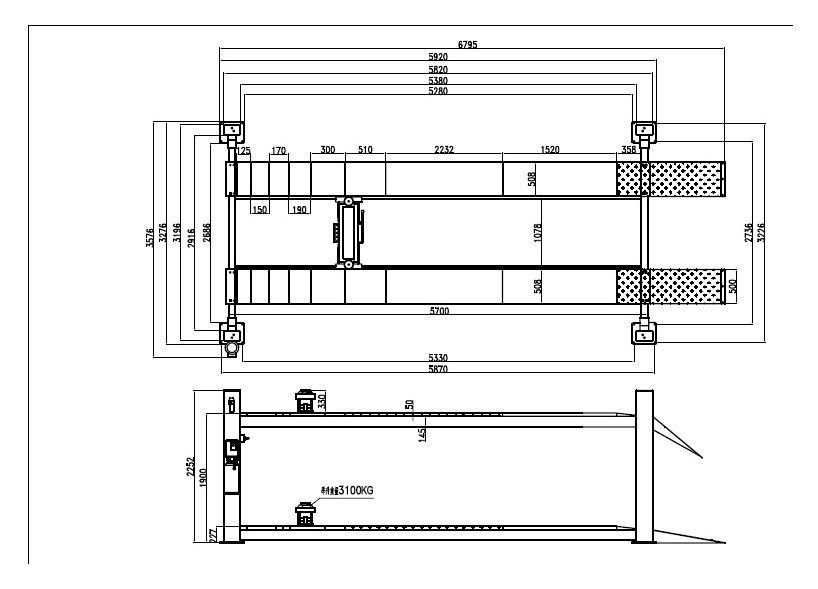 Четырехстоечный подъемник г/п 5,5 т, платформы под сход-развал 5700 мм, пневмостопора